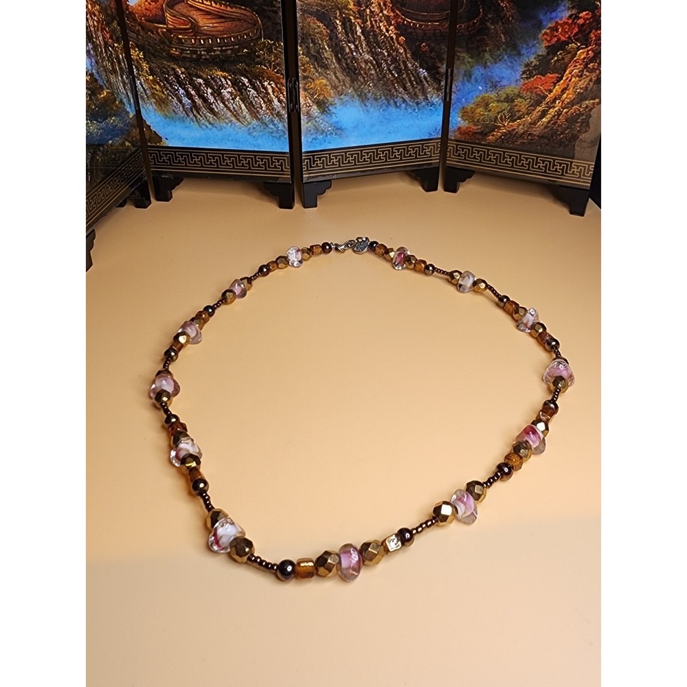 ANN PEDEN Signed Beaded Choker Necklace Pink Clear Glass & Bronze Tone FREE $HIP